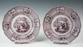 Antique Staffordshire Bologna Pattern Plates Adams Purple Transferware Gondola