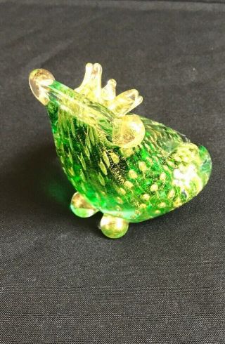 Vintage Murano Italian Art Glass Green Frog Gold Flecks Aventurine With Crown