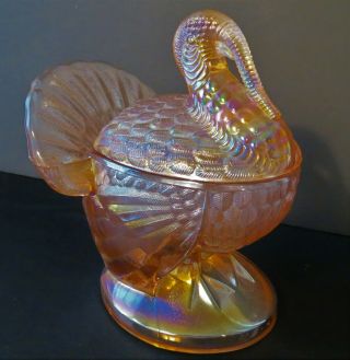 Vintage L E Smith Carnival Glass Pink Yellow Turkey Lidded Candy Dish