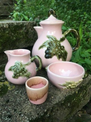 Rare Vintage Hull Pottery Tokay Pink Tuscany Tea Set Figural Grapes Leaves Htf