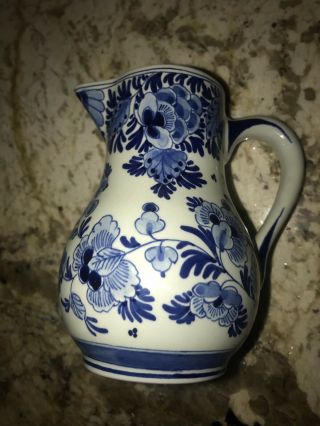 Royal Delft Blue White Handled Small Pitcher Signed Loa Sticker 5.  5” Tall Euc
