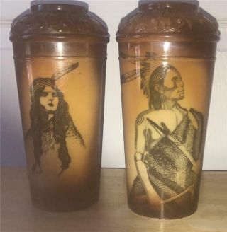 Vintage Set Of Native American Indian Maiden & Brave Painted Glass Vases