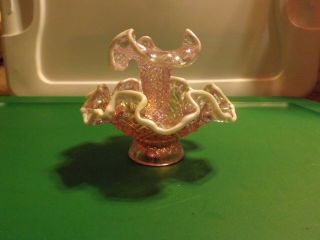 Vtg Glass Fenton Single Horn Epergne Vase Pink Opalescent Hobnail Diamond Lace