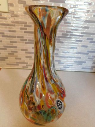 Large Vintage Murano Glass Bottle Vase With Millefiori Design With Gold Flakes