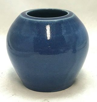 Antique Dark Blue Stoneware 6 " Round Vase White Hall Illinois Ruckel 