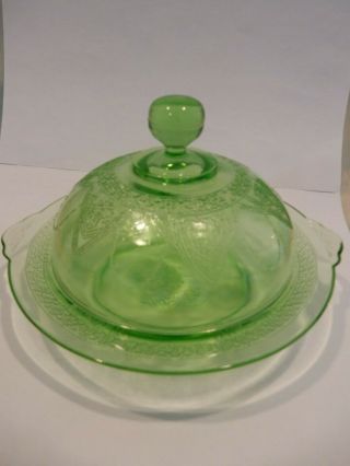 Green Georgian Lovebirds Covered Butter Dish - Depression Glass Federal