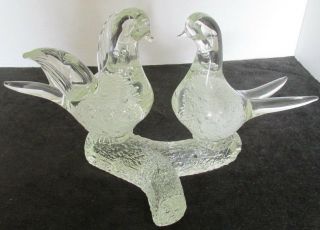 Murano Art Glass Pair Doves Love Birds On Tree Logs Clear Glass 13 " D X 7 1/4 " T