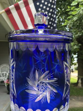 Gorgeous Vtg Bohemian Cobalt Blue Cut To Clear Glass Biscuit Jar Candy Canister