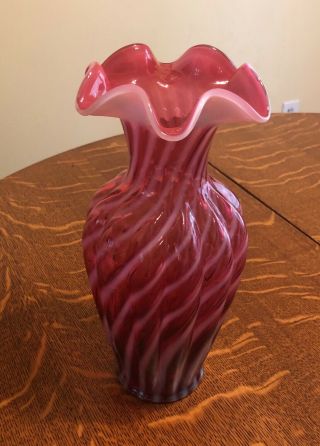 Fenton Vintage Cranberry Opalescent Spiral Optic Vase