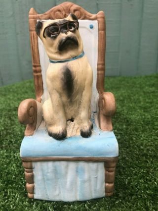 19thc Seated Pug Dog,  Wearing Glasses On Chair Of German Origin C1880s