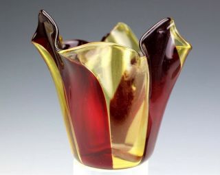 Vintage Venetian Murano Italian Art Glass Ruby Red Candy Striped Vase Bowl Sms