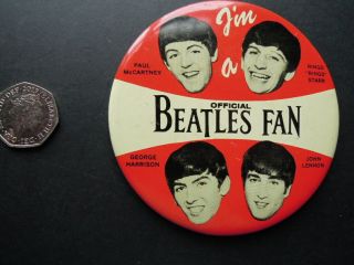 Large Beatles Official Fan Pin Badge - 4 Inches - Nems Ent Ltd 64