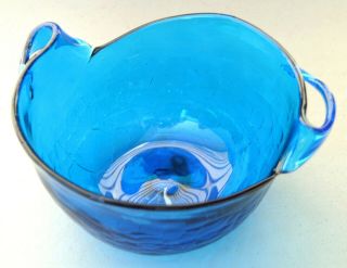 Blenko Mcm Form Turquoise Blue Crackle Handled Bowl Husted 6014 - Signed - Nr