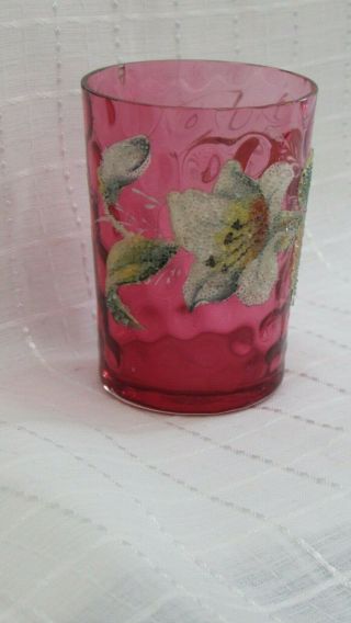 Antique Moser Cranberry Enameled Coralene Art Glass Tumbler Juice Lily