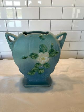 Vintage Roseville Pottery White Rose Pillow Vase 984 - 8”,  Circa 1940 
