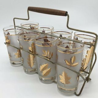 Vintage Libbey Gold Leaf Glasses Set Of 8 In Caddy Mid Century Modern Decor