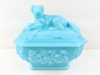 Vintage Vallerysthal Blue Milk Glass Candy Dish With Dog Lid