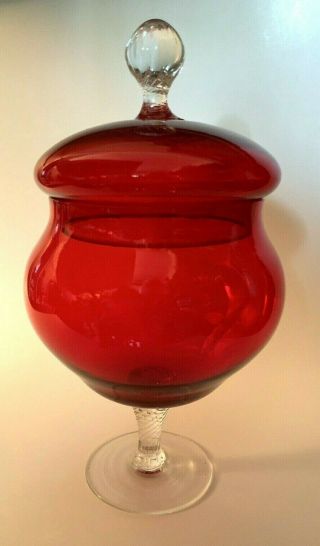 Empoli? Red Glass Lidded Apothecary Jar With Clear Twisted Stem & Finial