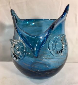 Vintage Murano Art Glass Owl Vase Blue Copper Swirl Candy Dish Bowl