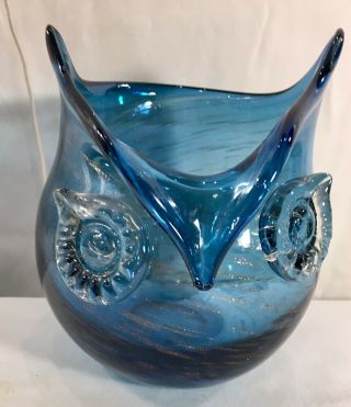 Vintage Murano Art Glass Owl Vase Blue Copper Swirl Candy Dish Bowl 3