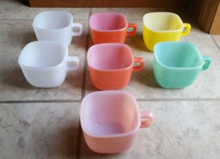 Vintage Glasbake Lipton Square Mugs / Soup Cup Bowls Pastel Retro Set Of 7