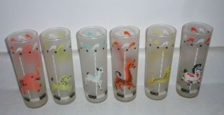 Set Of 6 Vintage Libbey Frosted Circus Merry Go Round Animal Carousel Glasses