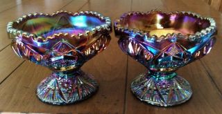Vtg Pair Imperial Glass Amethyst Iridescent Footed Compotes W/sawtooth Edge Exc