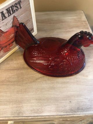 Vintage Indiana Glass Red Hen On Nest 2591 Candy Dish 2