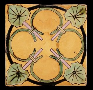 Vintage Early California Art Pottery Tile Yellow W/ Green Leaves Malibu Or Calco