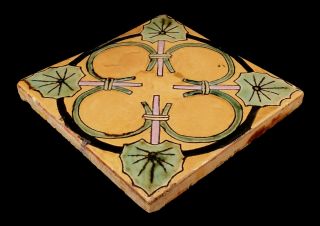 VINTAGE EARLY CALIFORNIA ART POTTERY TILE YELLOW W/ GREEN LEAVES MALIBU OR CALCO 2