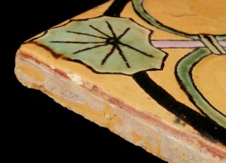 VINTAGE EARLY CALIFORNIA ART POTTERY TILE YELLOW W/ GREEN LEAVES MALIBU OR CALCO 5