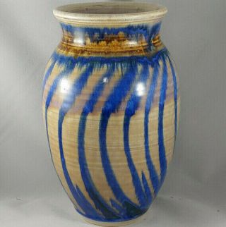 9 " Large Vintage Handmade Art Pottery Vase,  Blue Brown Striped Glaze,  Signed
