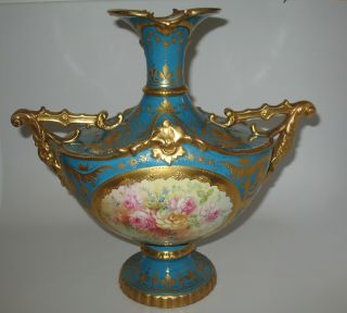 Antique German Porcelain Royal Bonn Two Handled Floral Vase,  Circa 1900