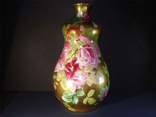 Antique Vintage Austria Vienna Turn Large Vase Colorful Roses Hand Painted