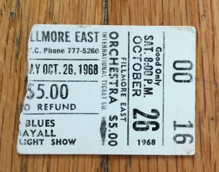 1968 Moody Blues John Mayall Rhioceros Ticket Stub Fillmore East Nyc