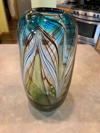 Dale Tiffany Murano Style Peacock Pulled Feather Vase Green White Blue Art Glass
