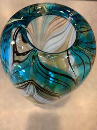 Dale Tiffany Murano Style Peacock Pulled Feather Vase Green White Blue Art Glass 2