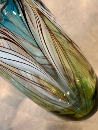 Dale Tiffany Murano Style Peacock Pulled Feather Vase Green White Blue Art Glass 3