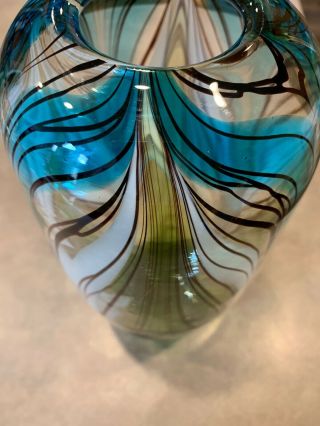 Dale Tiffany Murano Style Peacock Pulled Feather Vase Green White Blue Art Glass 6
