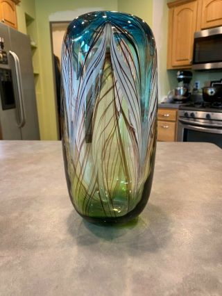 Dale Tiffany Murano Style Peacock Pulled Feather Vase Green White Blue Art Glass 7