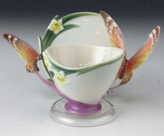Franz Painted Porcelain Papillion Butterfly Insect Handle Floral Tea Cup Saucer