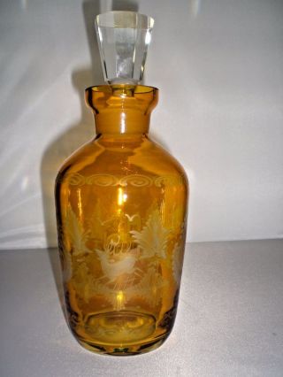 Antique Amber Cut To Clear Decanter W/ Intaglio Cut Glass Deer,  Bird / Bavaria