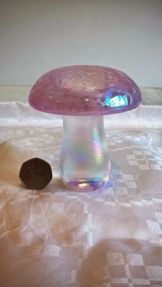 John Ditchfield Large Pink Iridescent Glass Musroom.  4 Inches High.  Labelled.