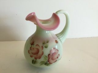 Fenton Lotus Mist Pitcher,  Hand Painted By L.  Flemming