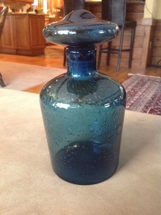 Blown Blue Glass Bottle Decanter Mushroom Stopper Seeded Bubbles Vintage Mcm