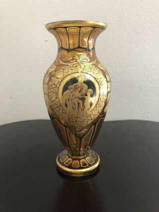 Amber Bohemian Glass Vase With Gold Pen Sketch Design And Gold Trim