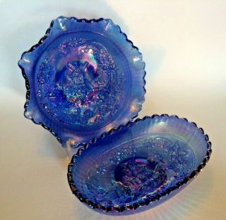 2 Le Smith Carnival Glass Bowls - Windmill - Very Iridescent Blue - Made In Usa