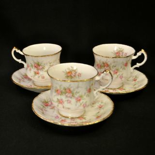 Paragon Footed Set Of 3 Cups & Saucers Victoriana Rose Pink Gold Trim 1981 - 1990