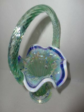 Fenton 10.  5  Green Basket w/Blue & White Crest /HP Blue Flowers Gorgeous 2