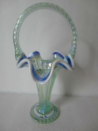 Fenton 10.  5  Green Basket w/Blue & White Crest /HP Blue Flowers Gorgeous 4